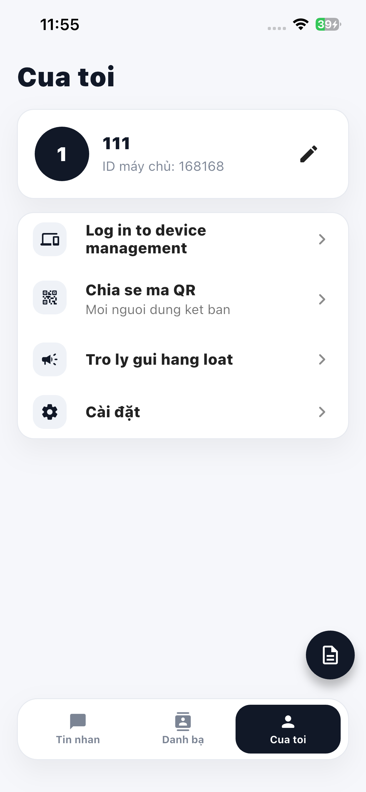 Màn hình tài khoản QuickChat